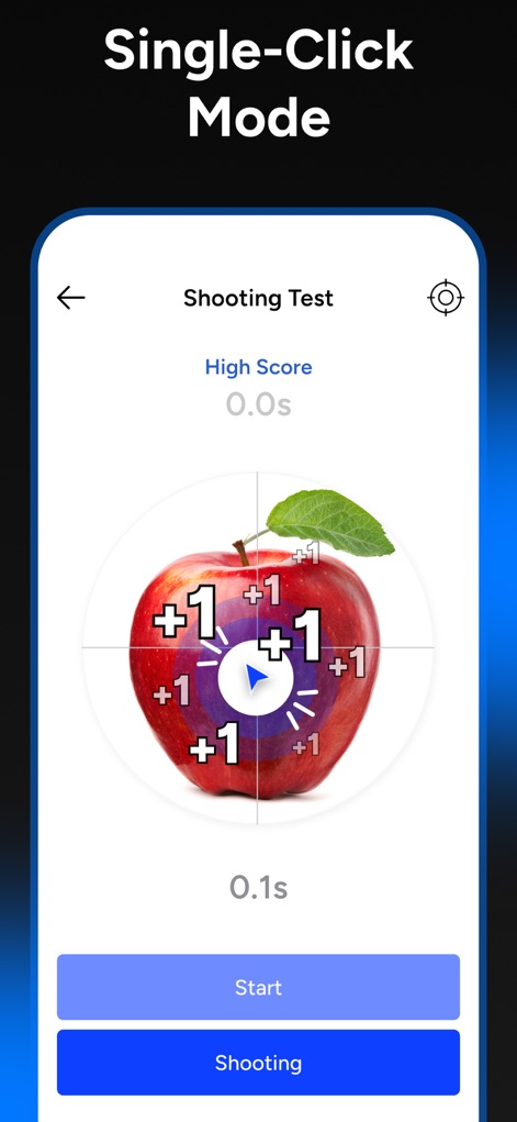 Auto Tapper Assistant App - The app showcases "Single-Click Mode" with a clear target and real-time score in the "Shooting Test".
