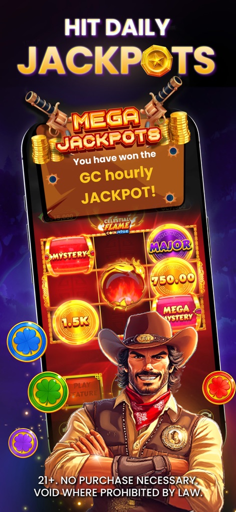 MegaBonanza - Social Casino - Experience the excitement of hitting daily jackpots, clearly displayed with a 'MEGA JACKPOTS' win notification and engaging in-game slot symbols.