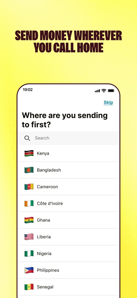Sendwave Send & Transfer Money - Witness the app's extensive country list, complete with national flags, and its intuitive search functionality for effortless recipient selection.
