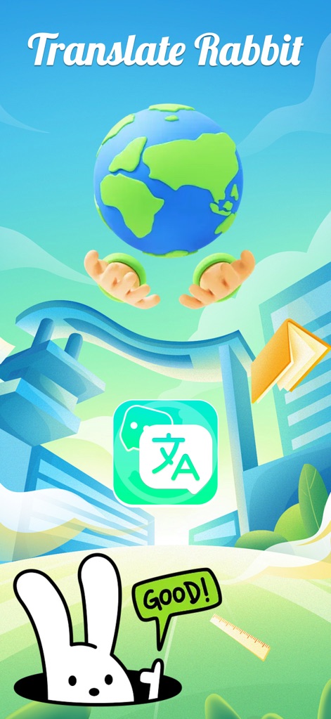 Translate Rabbit - The app's vibrant splash screen visually represents worldwide communication with a welcoming rabbit mascot and a clear focus on the app's logo.