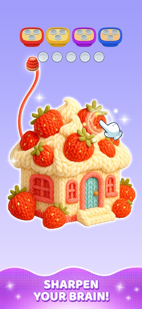Yarn Sort 3D: Jam Puzzle - Engage in brain-teasing sort puzzles where an interactive hand cursor guides the player through the challenge of deconstructing delightful structures, such as this unique knitted house adorned with strawberries.