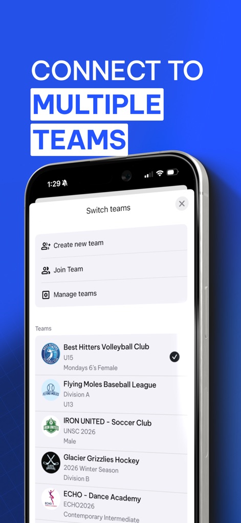 TeamLinkt - Sports Team App - L'application permet aux utilisateurs de se connecter à plusieurs équipes et de basculer facilement entre elles, affichant les noms des équipes et leur catégorie sportive pour une gestion flexible.