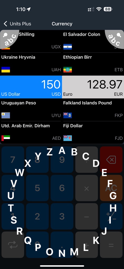 Unit Converter - Best Unit App - Streamline your currency selection with the convenient alphabetical filter overlay and observe the instantaneous live conversion display.