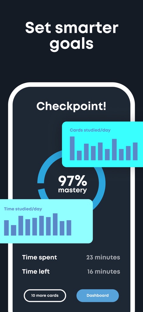 Brainscape - Study Flashcards - O painel "Checkpoint!" apresenta gráficos de barras detalhados para "Cards studied/day" e "Time studied/day", permitindo que os usuários monitorem seu desempenho e estabeleçam metas.