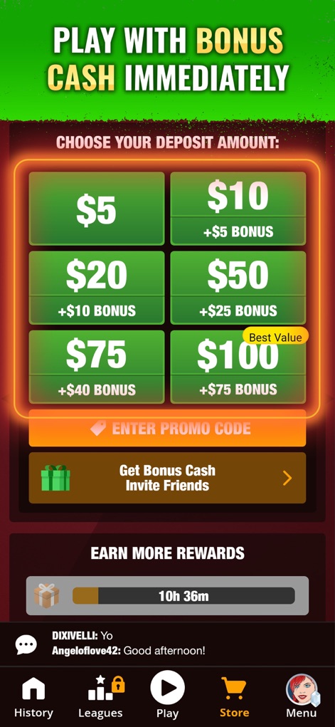 Dominoes Gold - Win Real Money - Users can explore various deposit options offering bonus cash and access features like promo codes and a comprehensive navigation bar for seamless app exploration.
