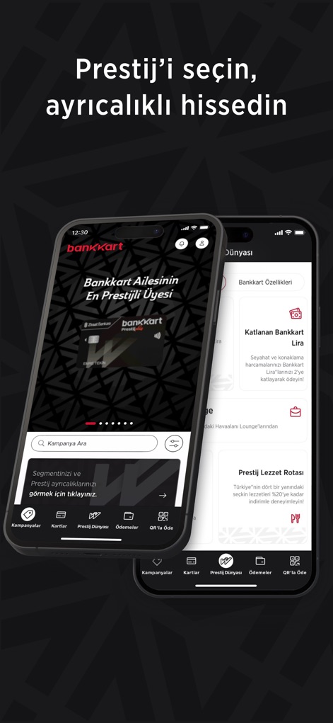 Bankkart Mobil - The app unveils the 'Prestige World' section, featuring a distinct premium card design and exclusive benefits such as 'Multiplied Bankkart Lira' for enhanced rewards.