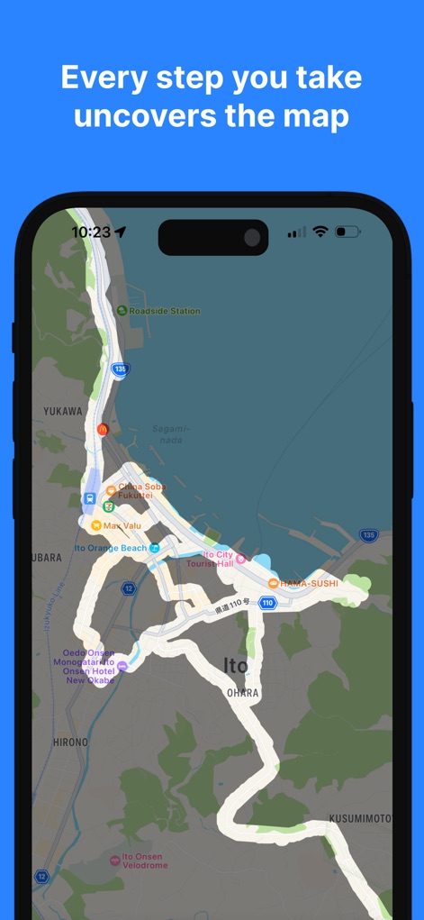 Been To - Track Your Places - ユーザーは、訪れた場所が地図上に白い線で描かれることで、自分の移動経路と発見したエリアを視覚的に確認できます。