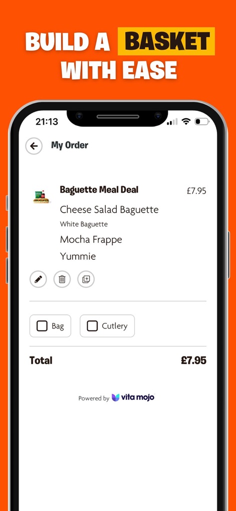 Wenzel’s Loyalty App - Users can 'BUILD A BASKET WITH EASE,' reviewing their itemized order list and selecting additional options such as 'Bag' and 'Cutlery' before checkout.