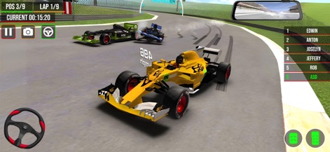 Formula Racing : Real Car Race - La intensa carrera de la aplicación se muestra con el vibrante coche de fórmula amarillo en primer plano y el intuitivo marcador de pilotos a la derecha.