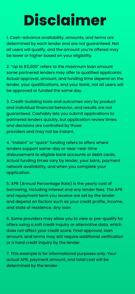 Cashably: Quick Cash Advance - Ce visuel met en lumière la transparence des conditions de l'application, expliquant les variations des taux d'intérêt (APR) et les spécificités d'éligibilité.