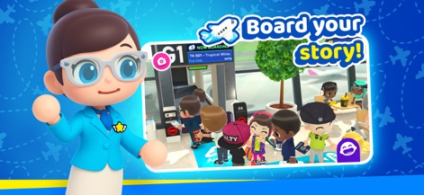 World Travel Stories - Airport - La aplicación simula la experiencia aeroportuaria, con pasajeros haciendo cola para abordar y el letrero de la puerta de embarque "G1" visible.