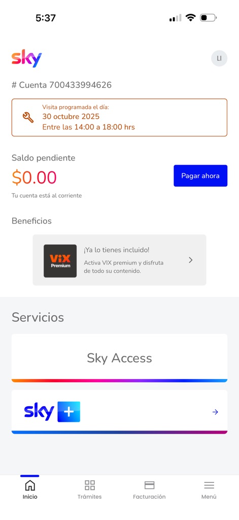 Mi App Sky - Users can easily view their current account balance and upcoming service visits, alongside integrated benefits like Vix Premium.