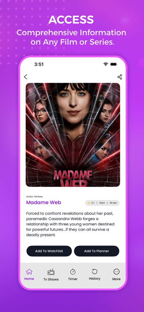 The tv app : Movie And Tv Show - La aplicación ofrece una descripción completa de la película 'Madame Web', incluyendo su sinopsis detallada y opciones para 'Add To Watchlist' y 'Add To Planner'.