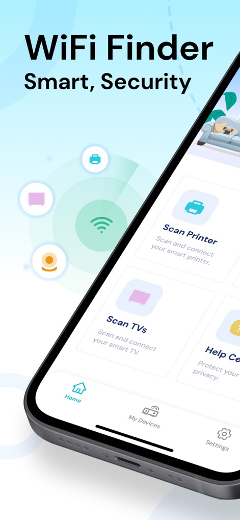 Security Camera - Smart Home - このアプリのホーム画面では、プリンターの検出機能とTVデバイスのスキャン機能を一目で確認でき、スマートホームデバイスを効率的に管理できます。