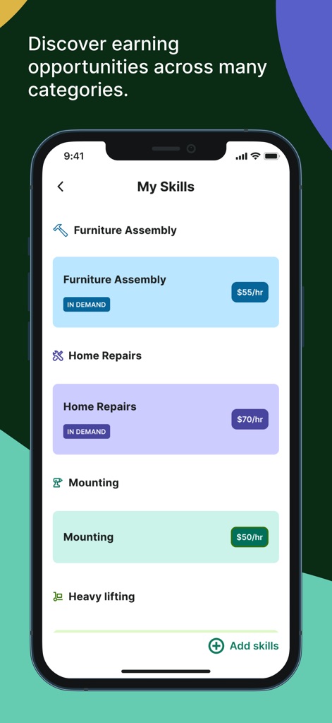 Tasker by Taskrabbit - Nutzer können in der Sektion "My Skills" ihre angebotenen Dienstleistungen und Stundensätze einsehen, wobei besonders gefragte Fähigkeiten mit dem Hinweis "IN DEMAND" markiert sind.