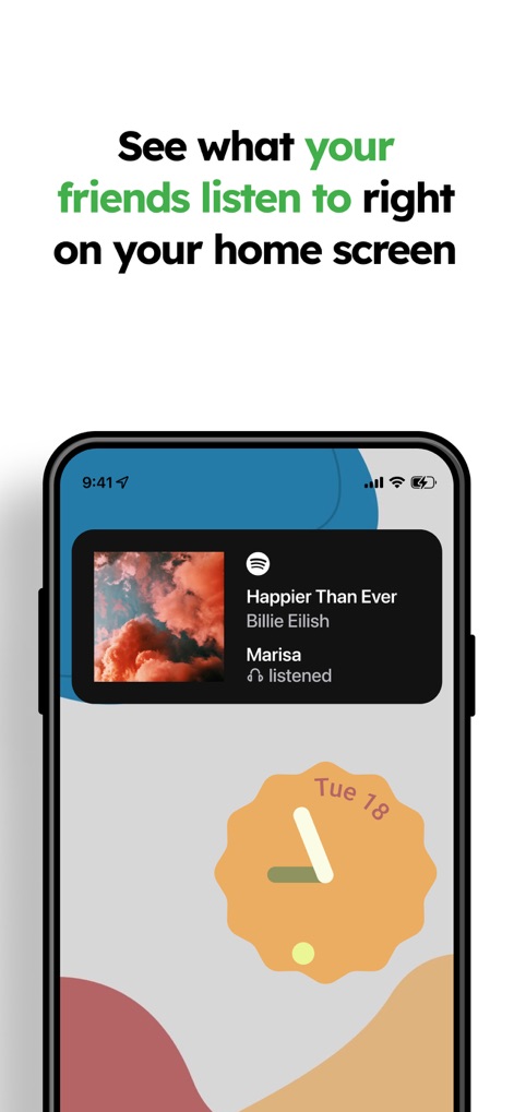MUBR - see what friends listen - Los usuarios pueden ver el widget de Spotify en la pantalla de inicio, mostrando la canción actual que escucha un amigo y el nombre del oyente.