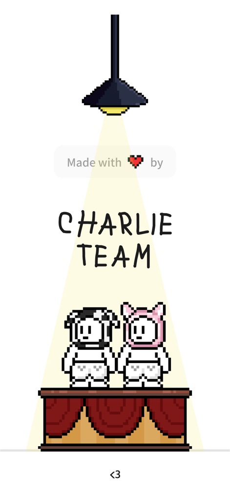 Charlie - Walking Charlie - The final screen acknowledges the dedicated "CHARLIE TEAM" behind the application and presents two foundational Charlie characters on a spotlighted stage.