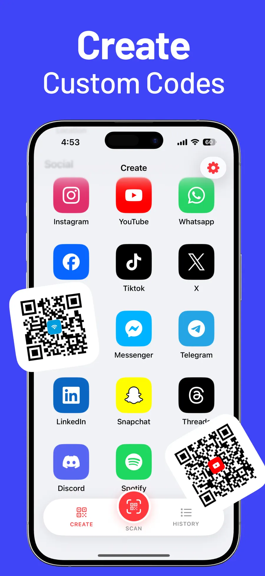 QR Reader & Creator showing QR scanning, QR creation types, and saved history on iPhone (3/6)