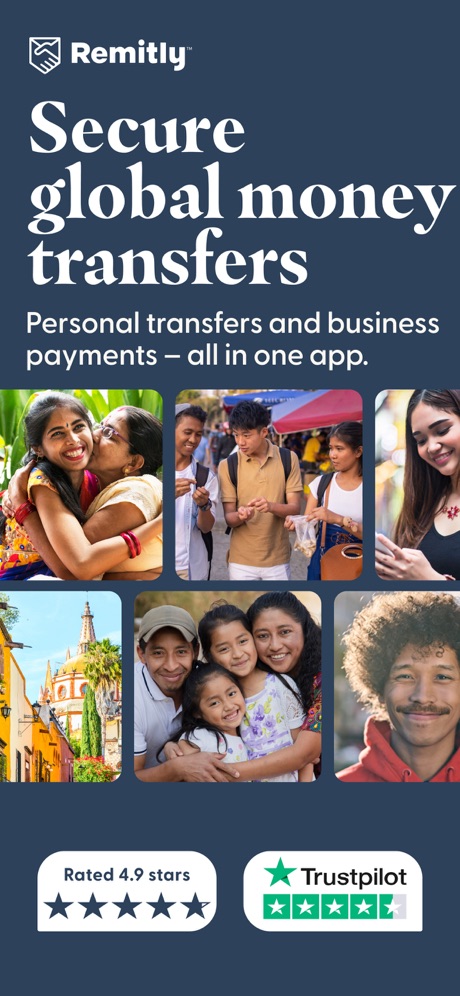 Remitly: Send money & transfer App Store screenshot 1, headline “Secure global money transfers”. Star rating shown.