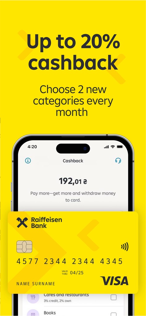 MyRaif from Raiffeisen Bank - La aplicación ofrece hasta un 20% de cashback y la opción de elegir dos nuevas categorías mensuales, con la visualización de un saldo de 192,01 ₴ acumulado y una tarjeta Visa de Raiffeisen Bank.