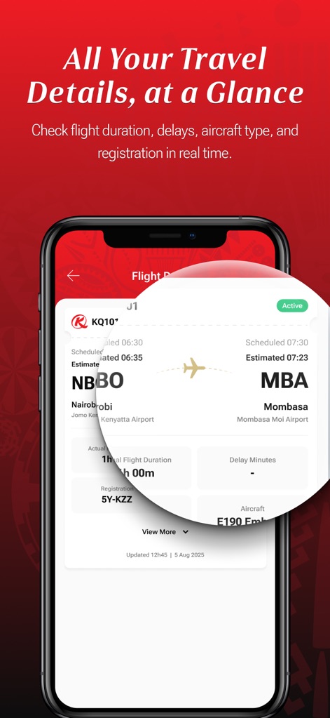 Kenya Airways - Les utilisateurs peuvent consulter tous les détails d'un vol, y compris l'heure d'arrivée estimée et le type d'appareil, présentés dans une interface claire avec un statut 'Active' visible.
