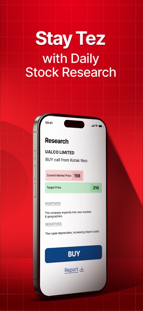 Kotak Neo Stock Market Trading - Users can access daily stock research, featuring specific 'Current Market Price' and 'Target Price' for informed decision-making.