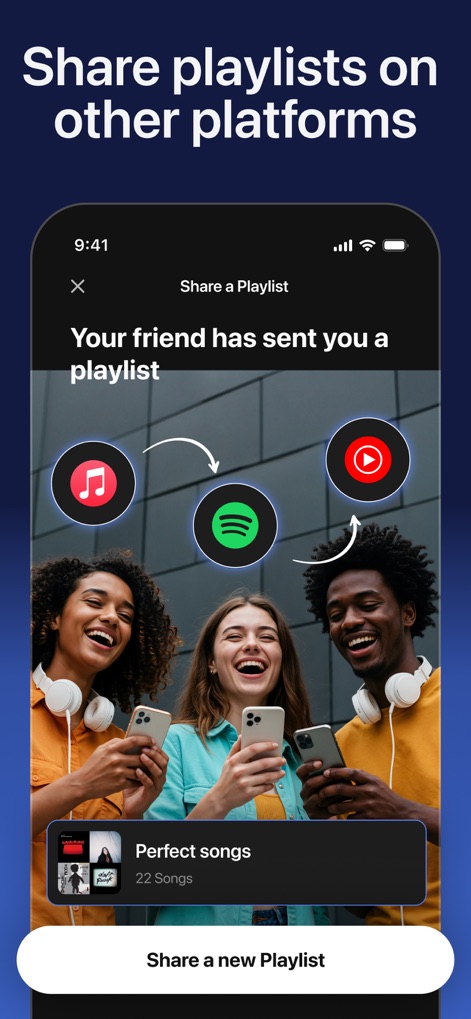 Playlist Transfer for My Music - La imagen ilustra la facilidad de compartir playlists con amigos, representada por los logos de Apple Music y Spotify y un mensaje de "Your friend has sent you a playlist".