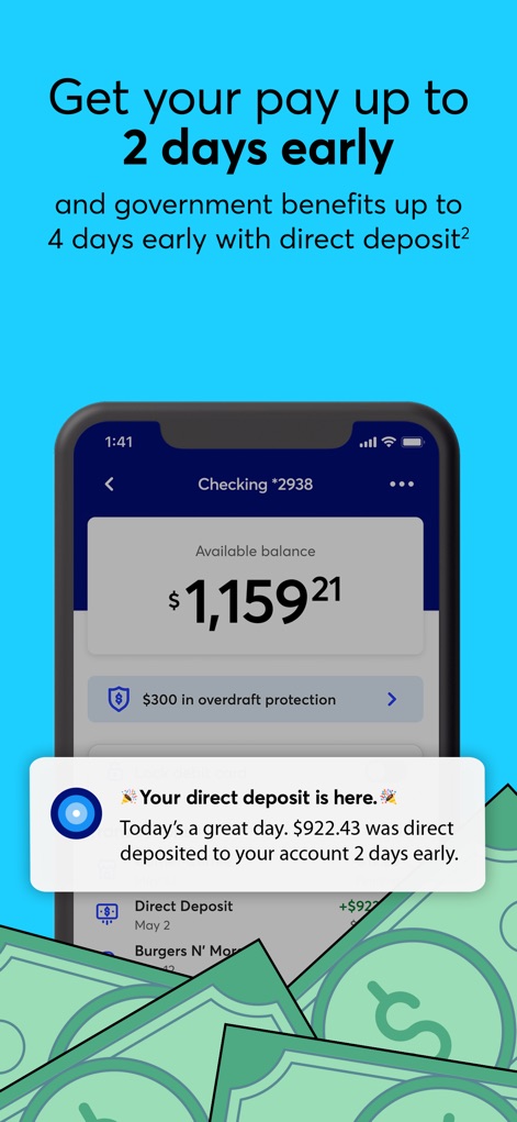 GO2bank: Mobile banking - Users can see the 'Your direct deposit is here' notification confirming early payment receipt and the current checking balance update.