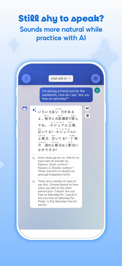 Mazii: Dict. to learn Japanese - This feature offers AI-powered conversational practice, providing various ways to phrase sentences and adapting to different politeness levels.