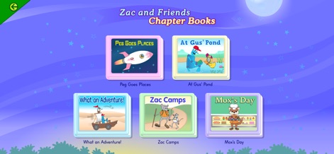 Starfall - I bambini possono scegliere tra diversi libri a capitoli, come 'Peg Goes Places' e 'Zac Camps', con illustrazioni vivaci sulle copertine.