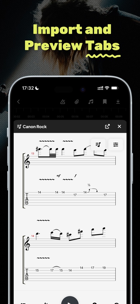 Audio Jam - AI for musicians - Review the integrated score view, where users can import Guitar Pro/MusicXML scores and preview tablature for detailed study.