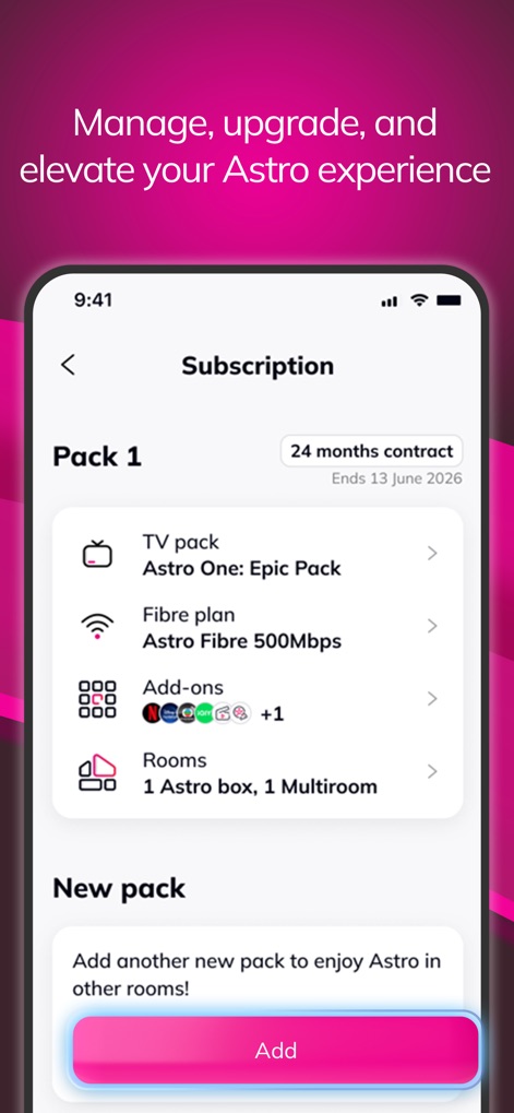 My Astro - Users can effortlessly manage their Astro services, viewing detailed "Pack 1" subscription components and initiating upgrades with the "Add another new pack" option.