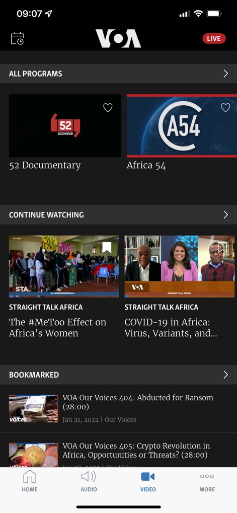 VOA - This section showcases a rich array of video programs like '52 Documentary' and allows users to 'CONTINUE WATCHING' previously viewed content seamlessly.