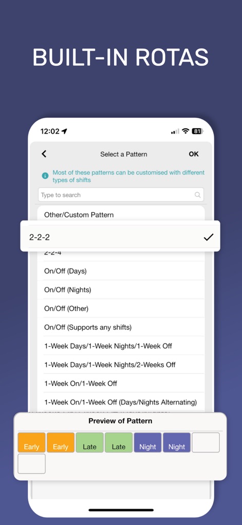 My Shift Planner - Calendar - 이 앱은 '2-2-2'와 같은 다양한 기본 근무 패턴 목록을 제공하며, 하단에서 선택된 패턴의 'Early', 'Late', 'Night' 시프트 구성을 시각적으로 미리 보여줍니다.