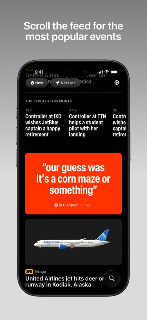 ATC - Live Air Traffic Radio - ユーザーは、管制官とパイロット間の興味深い会話や、飛行中の珍しい出来事など、人気のイベントフィードを簡単に閲覧できます。