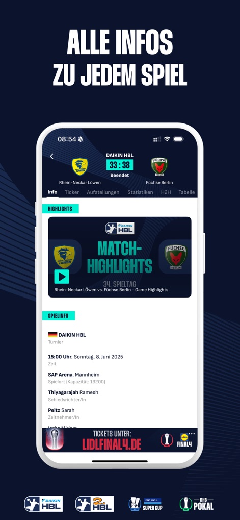 DAIKIN Handball-Bundesliga - ユーザーは、試合のハイライト動画のサムネイルから興奮を追体験し、試合時間や開催地などの詳細情報を確認できます。