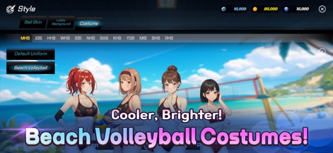 Volley Girls:High School Story - L'application permet aux joueurs de personnaliser leurs athlètes avec des costumes de volleyball de plage et de choisir des arrière-plans de lobby thématiques, offrant une immersion totale.
