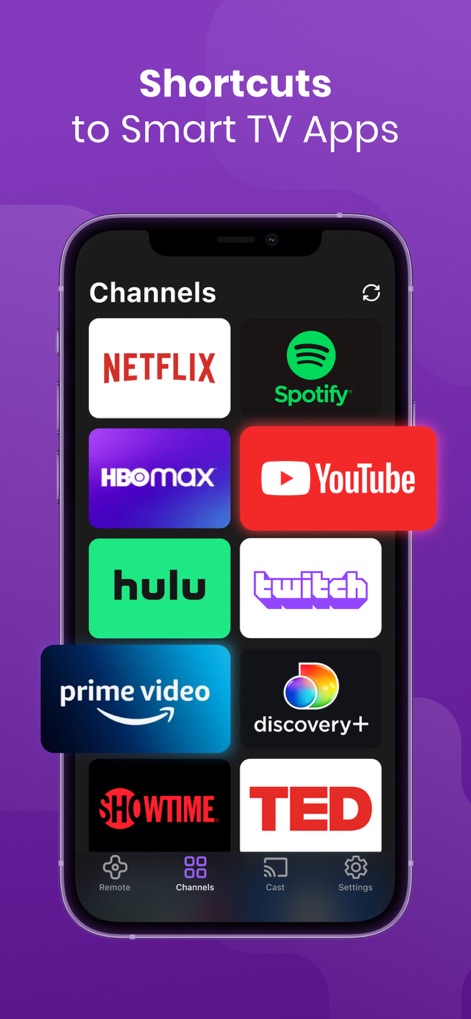 Universal Remote | Smart TV - The app offers direct access to favorite Smart TV apps, showcasing popular streaming services and allowing users to launch them instantly from the 'Channels' section.