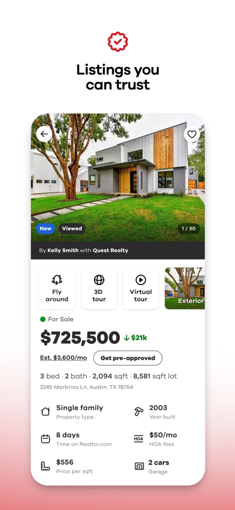 Realtor.com Real Estate & Rent - 本アプリは、物件の「3Dツアー」や「バーチャルツアー」機能を通じて、築年数やHOA費用といった詳細な情報とともに物件の魅力を伝えます。