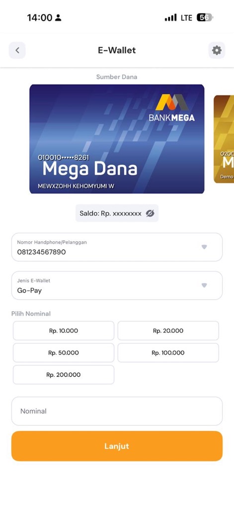 M-Smile by Bank Mega - This app streamlines digital payments, allowing users to quickly top up various e-wallets like "Go-Pay" directly from the "E-Wallet" screen and selecting amounts using the "Pilih Nominal" buttons.
