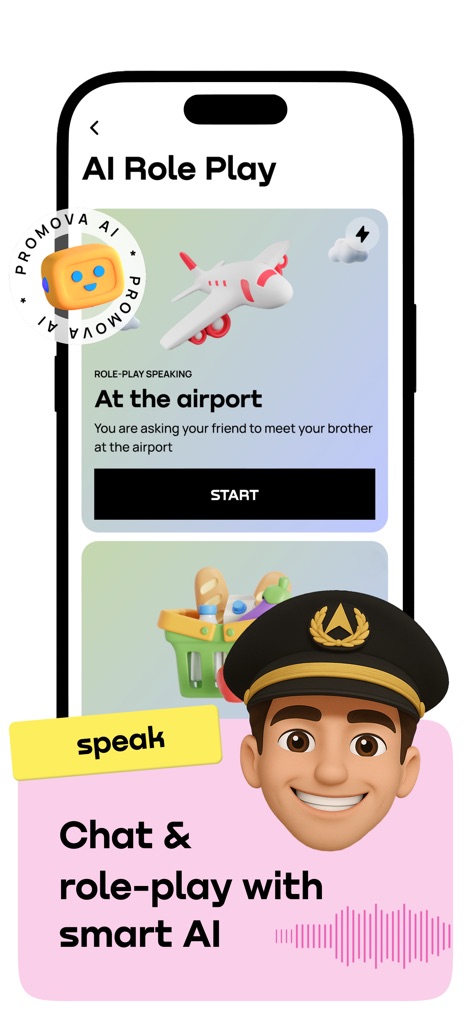 Promova: Language Learning App - Dieses Feature ermöglicht es Nutzern, Sprechpraxis durch KI-Rollenspiele zu sammeln, wie im Szenario "At the airport" mit einem Flugzeugsymbol und dem "START"-Button dargestellt.