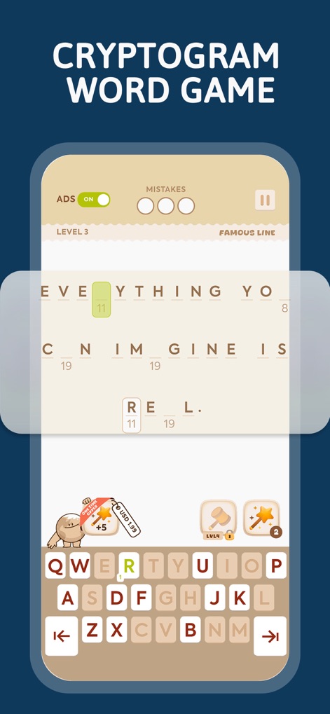 Cryptogram: Number & Word Game - 사용자는 숫자로 암호화된 유명한 명언을 해독하며 어휘력을 향상시킬 수 있습니다. 화면 중앙에는 암호화된 명언이, 하단에는 문자 입력용 QWERTY 키보드가 배치되어 있습니다.
