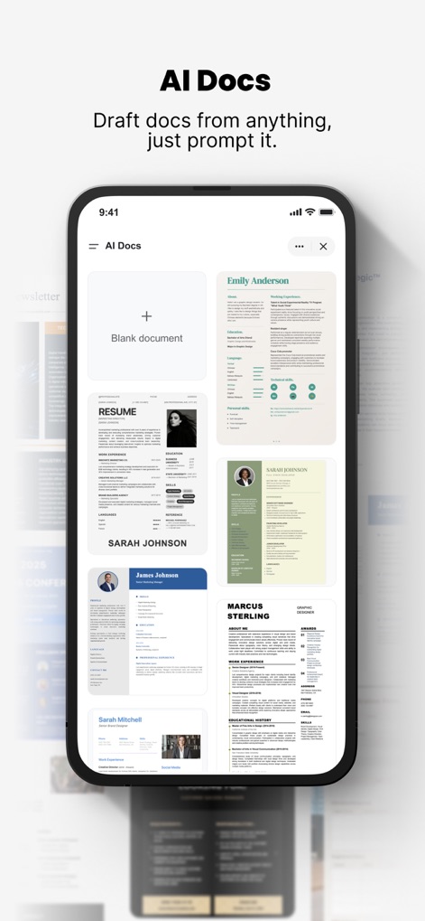 Genspark AI Workspace - AIドキュメント機能は、履歴書やビジネスレターなどの多様なテンプレートからプロンプトに基づいて書類を自動作成し、空白ドキュメントの作成オプションと、既存文書の豊富なギャラリー表示を提供します。