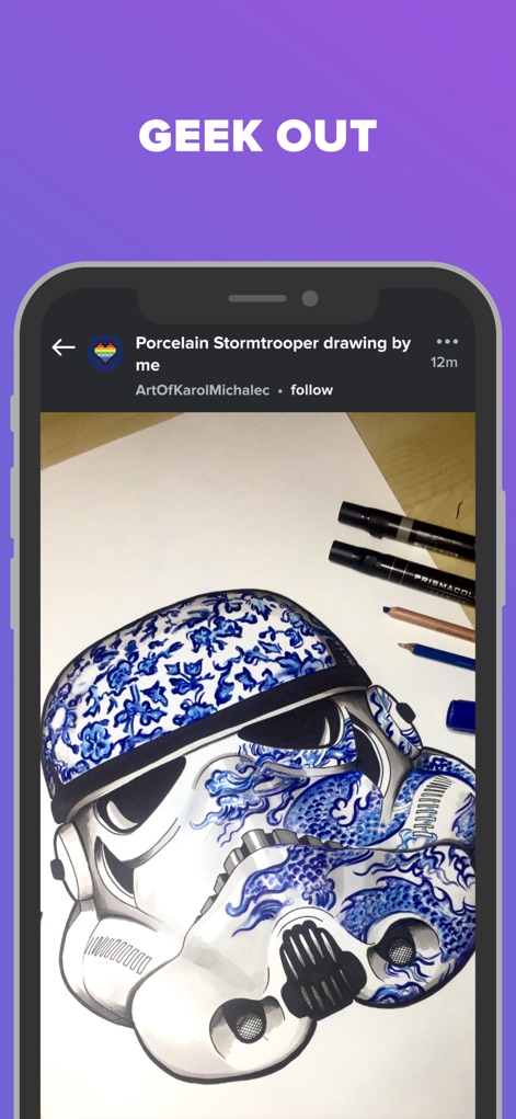 Imgur: Funny Memes & GIF Maker - Los entusiastas pueden explorar arte temático, como un detallado "Porcelain Stormtrooper drawing" con motivos azules, que celebra la cultura pop y la creatividad.