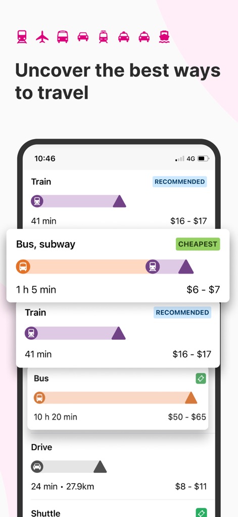 Rome2Rio: Trip Planner - This tool presents a prioritized list of multi-modal transport options, guiding users with 'RECOMMENDED' and 'CHEAPEST' labels alongside clear time and cost estimates.