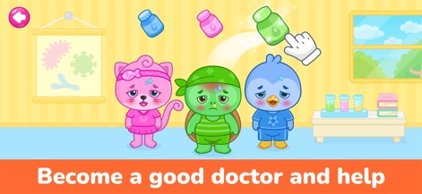 Kids Doctor Games: Hospital 3+ - Hier sehen Nutzer drei kranke Tiercharaktere, denen mit schwebenden Medizin-Flaschen geholfen werden kann, was die Fähigkeit zur Problemlösung und Fürsorge fördert.