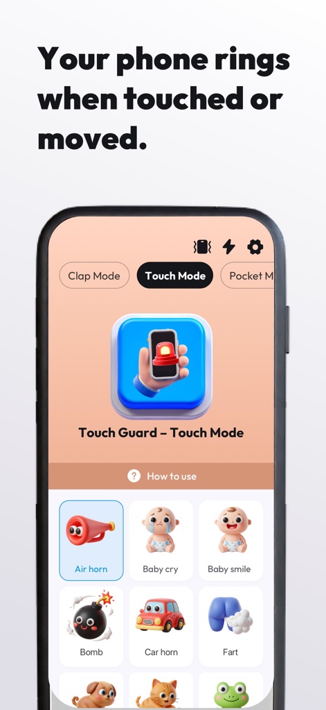 ClapSeek: Find phone by clap - Explore 'Touch Mode', which activates an alert when the phone is moved, and customize the alert sound from the diverse sound options grid to suit your preferences.