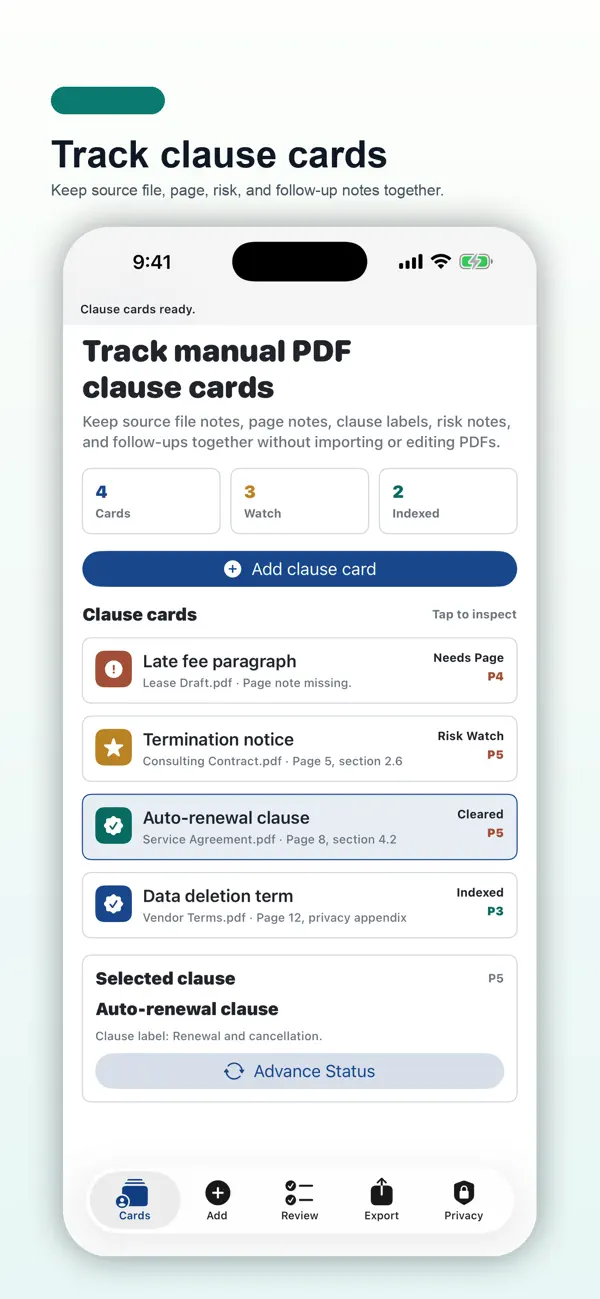 Screenshot #1 pour PDF Clause Index Cards