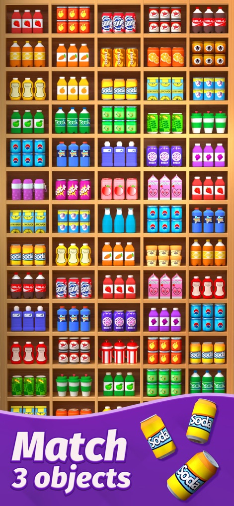 Goods Sort™ - Triple Master 3D - This view showcases the meticulous shelf organization and vibrant product categories, such as soda and juice, awaiting triple elimination.