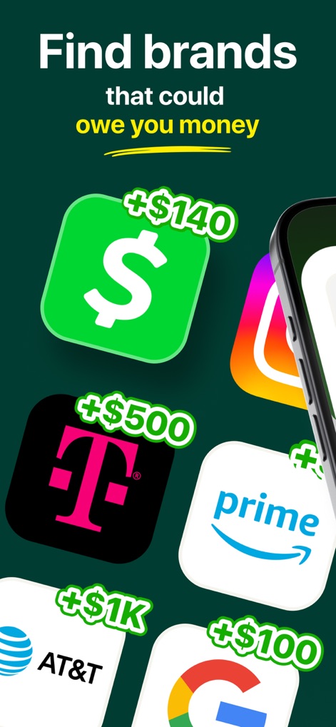 ClaimHunt – Claim Settlement - The app visually categorizes potential settlements by displaying familiar brand logos such as CashApp and AT&T, each indicating a specific dollar amount owed.